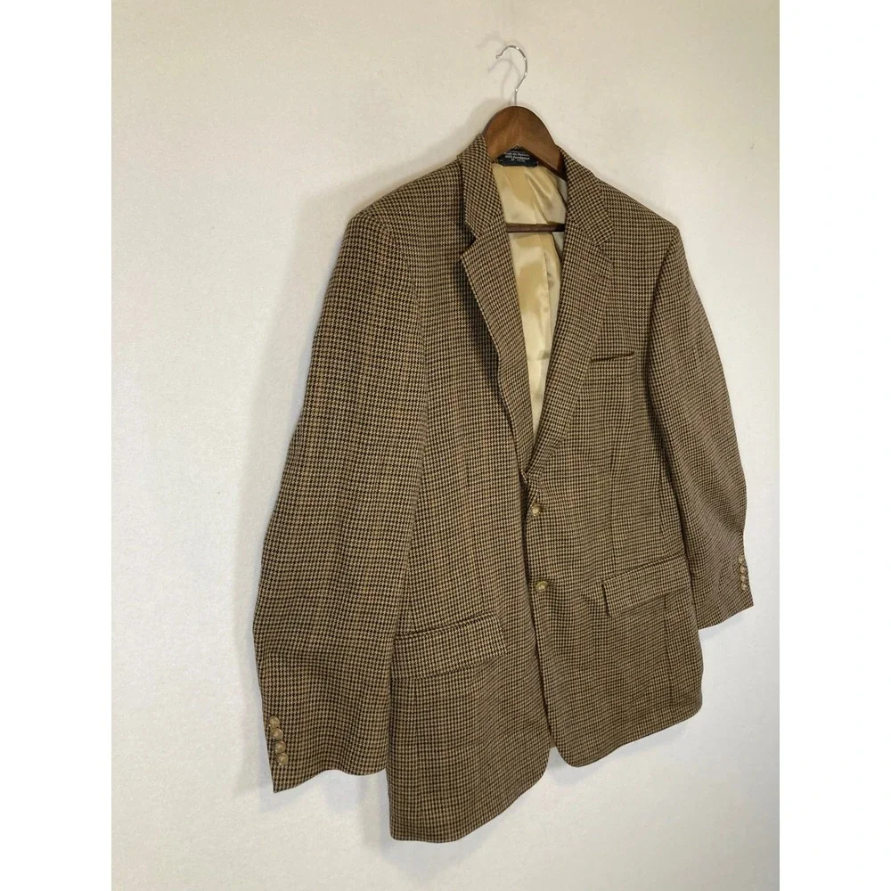 Dark Academia‎ Bert Pulitzer Mens 42L Brown Lambswool Houndstooth Blazer Jacket